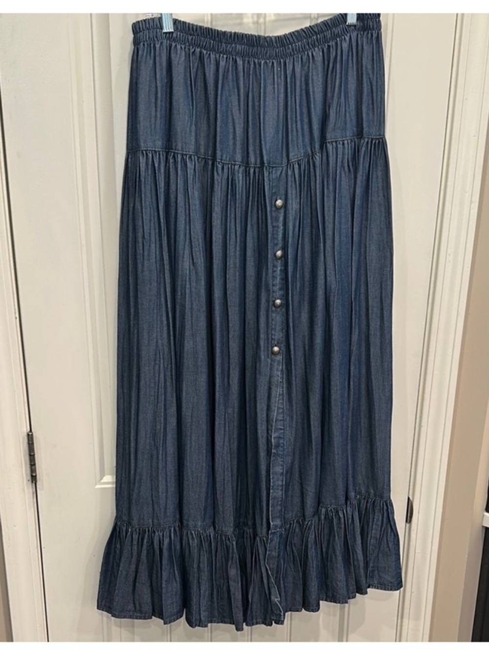 Denim Blue Double D Ranch Tiered Ruffle Maxi Skirt